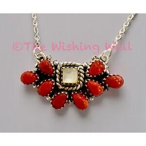 Italian Coral & Mother of Pearl Cluster Pendant Necklace 18-20”